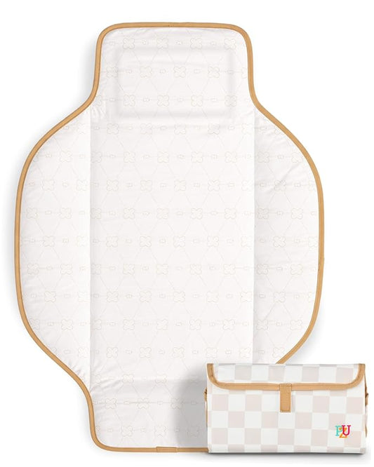 PZU Portable Diaper Changing Pad - Waterproof Travel Changing Mat with Built-in Pillow, Gifts for Baby Shower, Newborn Girls & Boys（Beige Checkers）