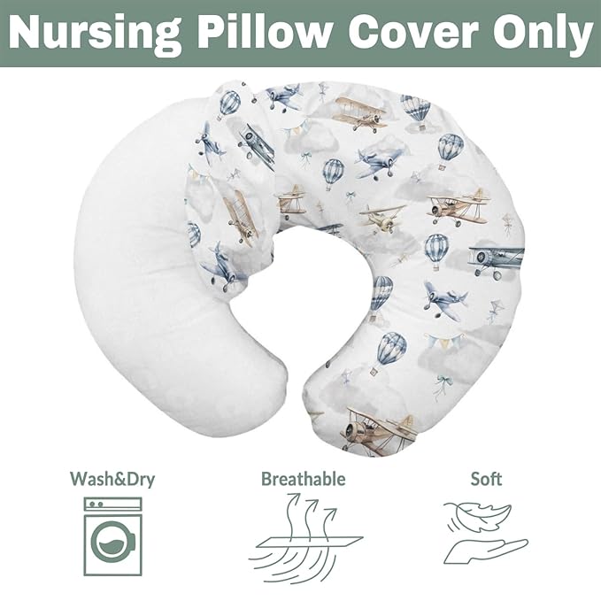 Vintage Planes Airplanes Helicopters Nursing Pillow Covers for Boy Girl Hot Air Balloon Plane Clouds Sky Nursing Pillow Slipcovers for Breastfeeding Pillows Soft Removable Covers for Newborn Infant