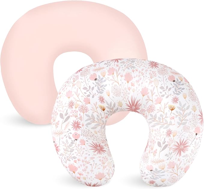 Nursing Pillow Cover 2 Pack, Breastfeeding Pillow Cover for Baby Girls Boys, Soft Stretchy Nursing Pillowcase for Infant Newborn, Removable Slipcover for Nursing Pillows, Pink Floral (Only Cover)