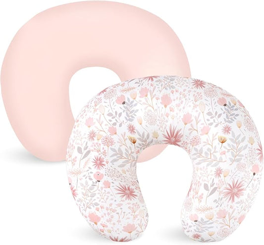 Nursing Pillow Cover 2 Pack, Breastfeeding Pillow Cover for Baby Girls Boys, Soft Stretchy Nursing Pillowcase for Infant Newborn, Removable Slipcover for Nursing Pillows, Pink Floral (Only Cover)