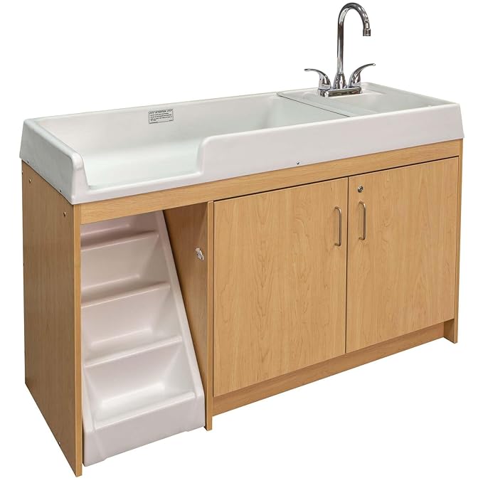 Tot Mate Toddler Diaper Changing Table with Stairs (Left) and Sink (Right) - Ideal Infant Changing Station for Home, Nursery, Daycare - 59-1/2" Wide, Assembled Baby Changer (Maple)