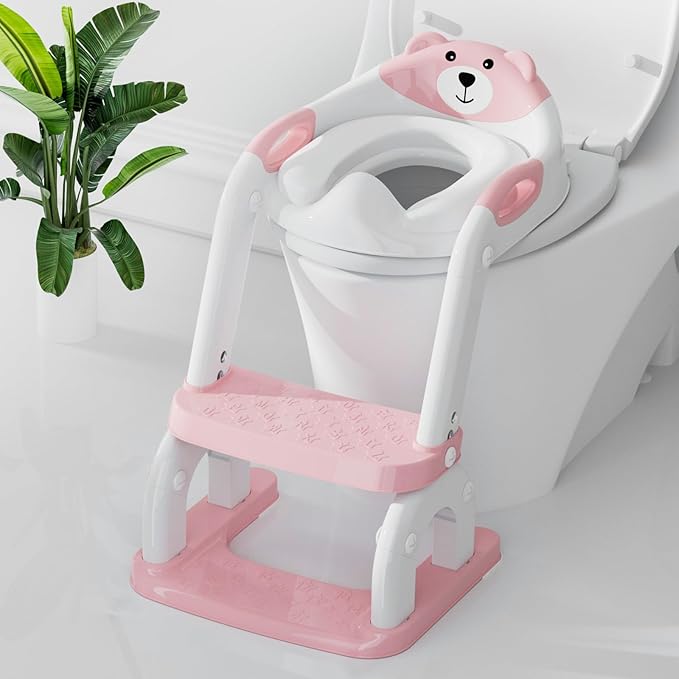 Potty Training Seat with Step Stool, Toddler Potty Training Toilet Seat with Non-Slip Step Splash Guard Safety Handles and Waterproof Cushion, 2 In 1 Toddler Potty Seat