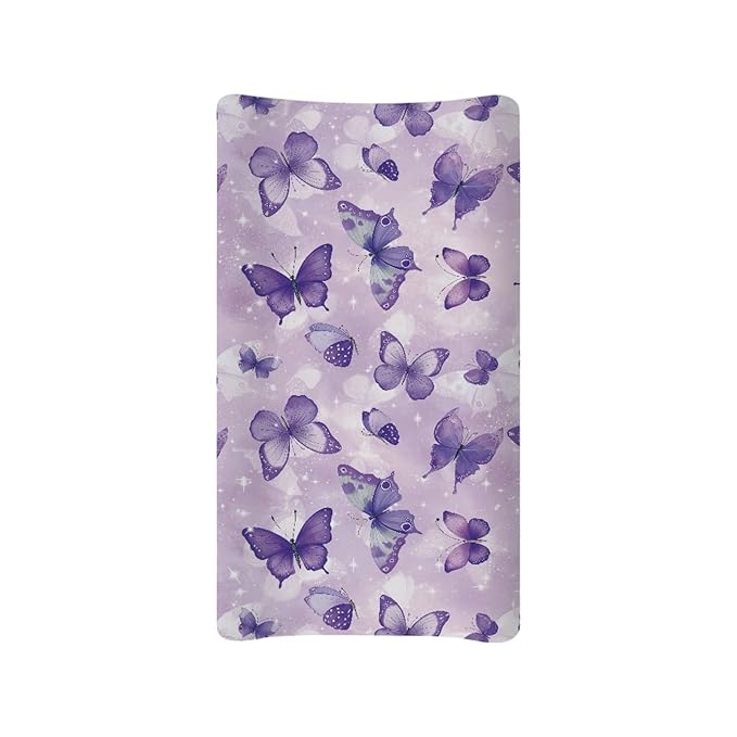 Purple Butterfly Diaper Changing Pad Covers Soft & Stretchy Changing Pad Protectors for Baby Girls, One Size, Fancy Style Change Table Cover