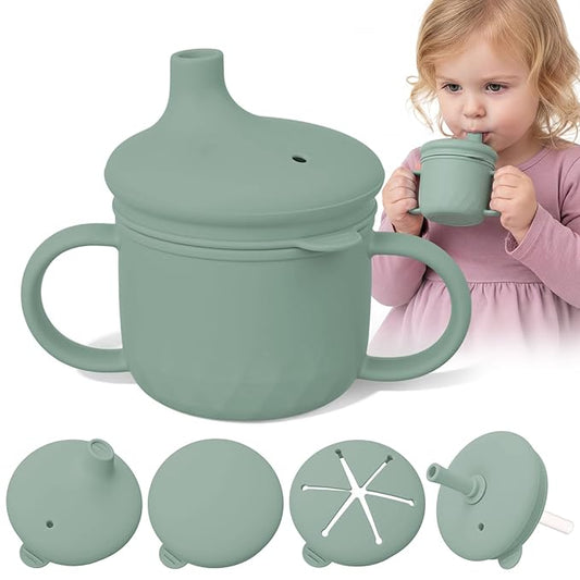 8 oz 3 in 1 Silicone Baby Sippy Cups & Snack Cups with Lid Straw for Toddlers 1-3 Spill Proof Stainless Steel Snack Containers Food Catcher for Baby Toddler Drinking Training(Dark Green)