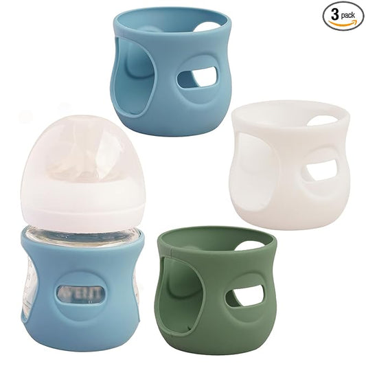 3 Pack Silicone Sleeves for Avent Natural Glass Baby Bottles, Anti Breakage Baby Bottle Holder, Compatible with Philips Avent Glass Natural Baby Bottle (Dark Blue+Dark Green+White, 4 OZ)