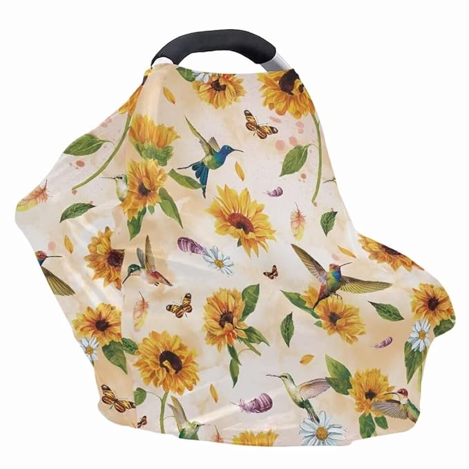 Coldinair Hummingbird Car Seat Cover for Babies Girls Sunflower Nursing Cover,Soft Stretchy Infant Carseat Canopy,Shopping Cart/High Chair/Stroller Covers