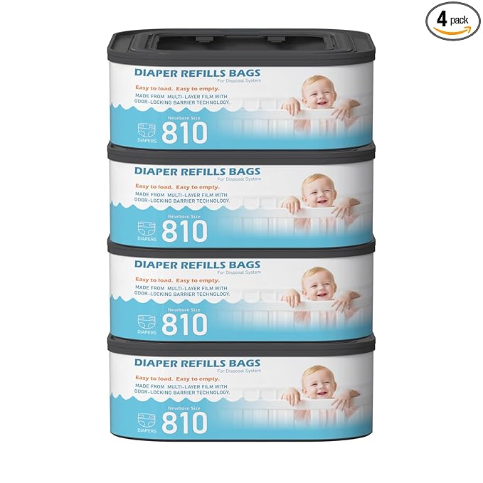 Jumbo Square Refills Disposal Bags Refill (Baby Powder Scent) Compatible with Diaper Genie Classic, Compact and Select Pails, Hold Up to 810 Newborn-Sized Diapers Per Refill, 4 Packs