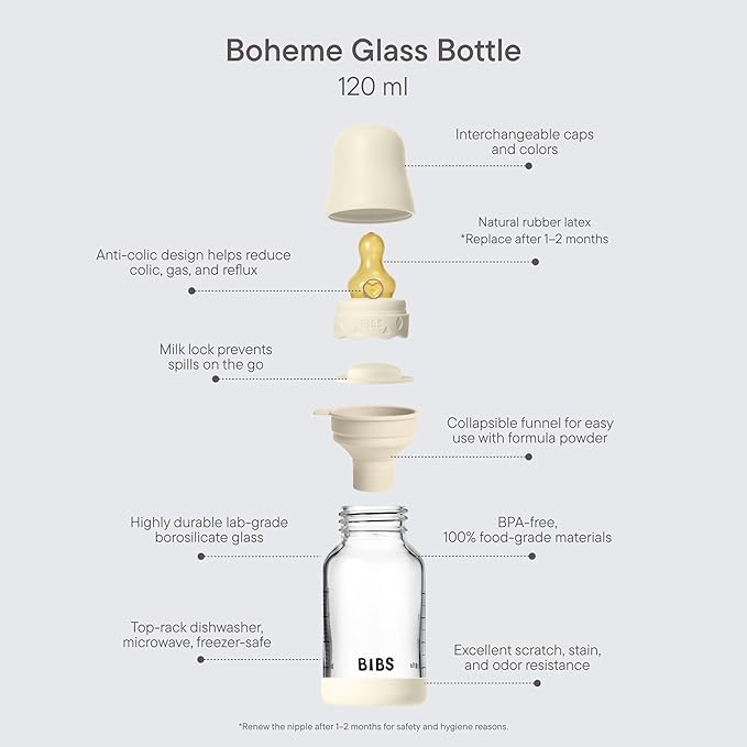 BIBS Boheme Baby Glass Bottle 4 oz /120 ml. Anti-Colic. Round Natural Rubber Latex Nipple. Supports Natural Breastfeeding - Blush