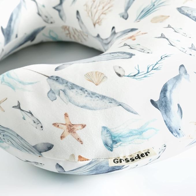 GRSSDER Nursing Pillow Cover Stretchy Minky Removable Nursing Covers for Breastfeeding Pillows, Ultra Soft Comfortable Slipcover for Girls and Boys, Whale Sea World Pattern