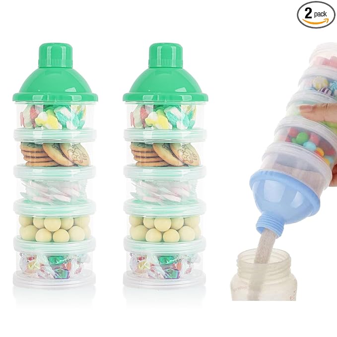 2 PCS 5 Layers Baby Milk Powder Dispenser, Milk Powder Pots, Formula Dispenser Portable Milk Powder Formula Dispenser Container Pot Box Milk Cans Snack Storage Box for Travel (Green + Green)