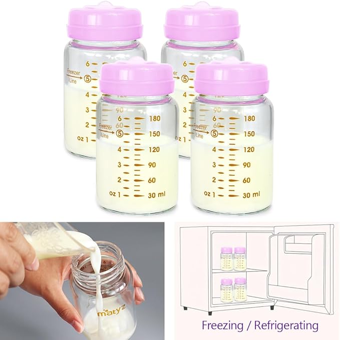 Matyz 4-Pack Breast Milk Collection Bottles (Pink, 6 Oz Each) - No BPA Glass Milk Storage Bottles with Lids - Suitable for Philips Avent & Medela Spectra Pumps