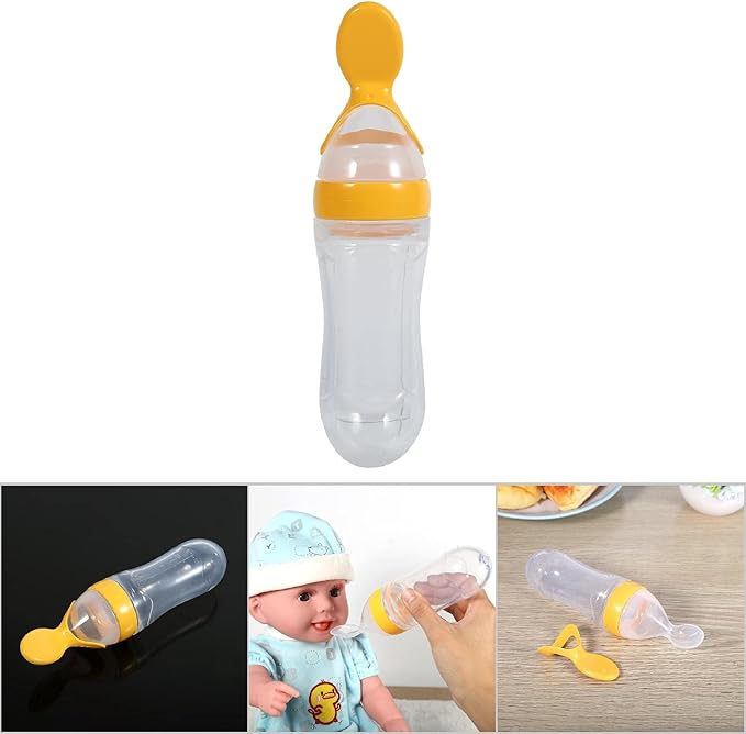Silicone Spoon Bottle 90ml, 'S Food Supplement Bottle Rice Cereal Spoon for Semifluid Foods Bottle Feeder(yellow)