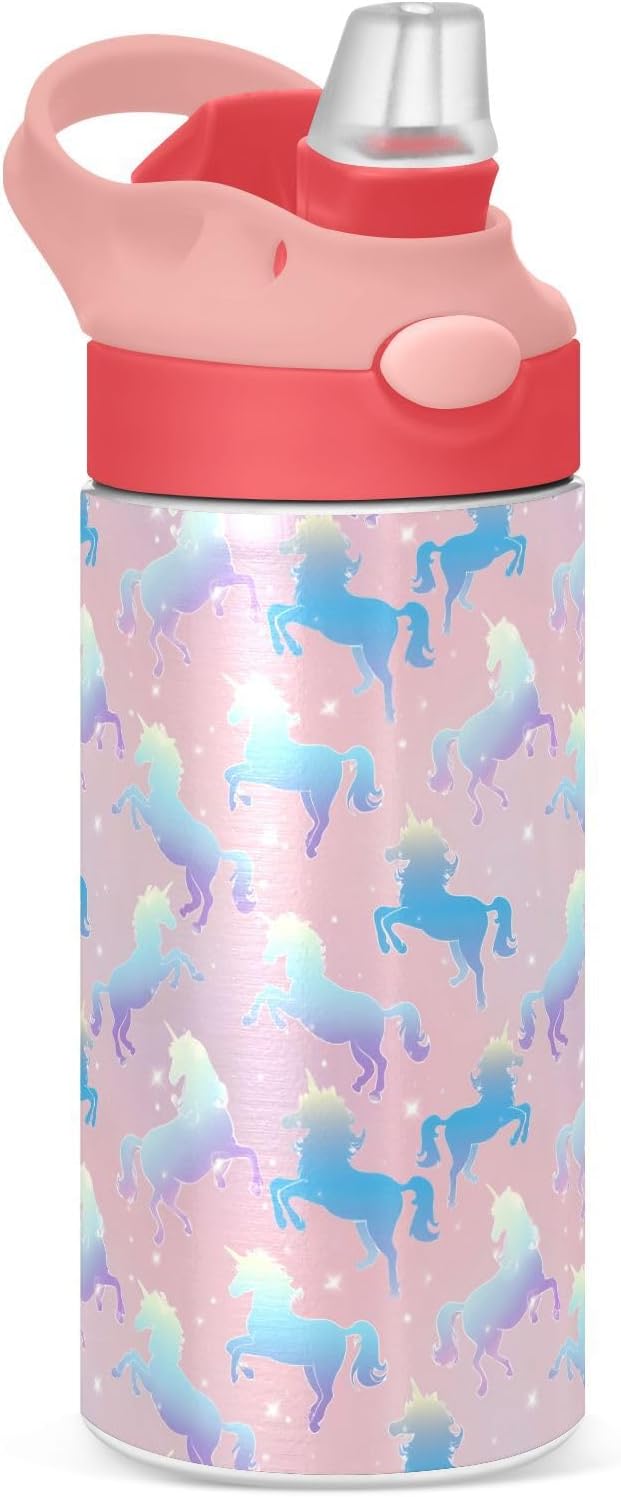 Butterfly Girls Water Bottle with Straw and Carry Handle Rainbow Cute Animals Vacuum Insulated Stainless Steel Bottles Leak-Proof for Boys Kids Toddler 12 oz Pink Lid