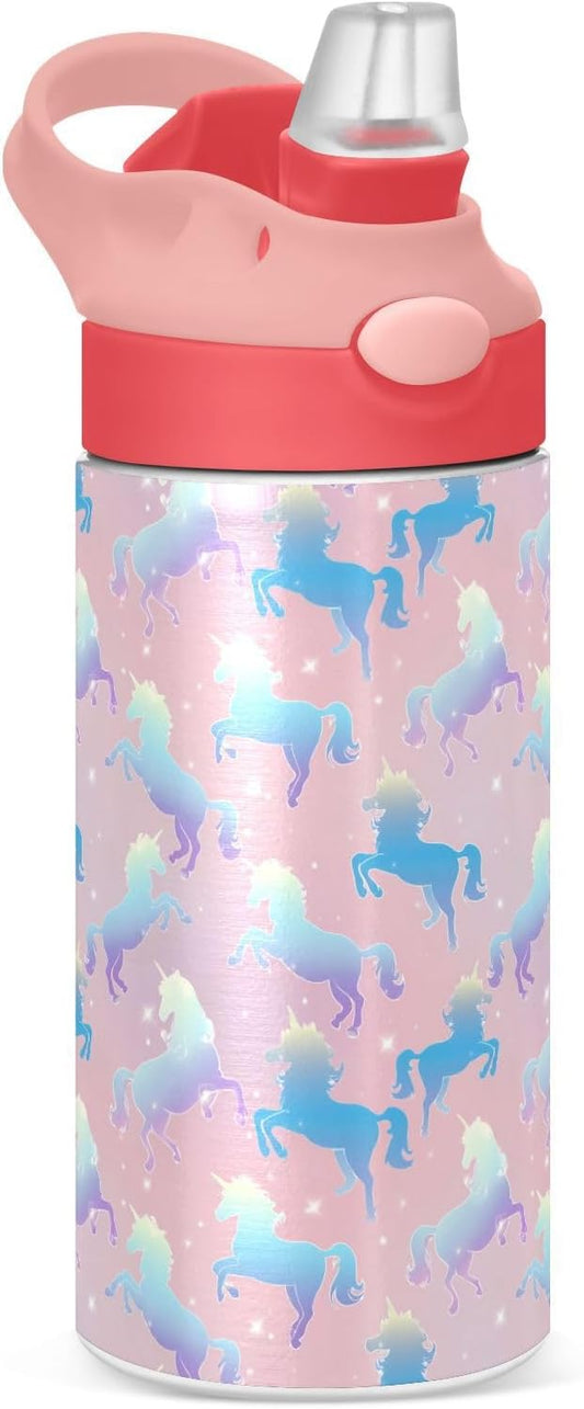 Butterfly Girls Water Bottle with Straw and Carry Handle Rainbow Cute Animals Vacuum Insulated Stainless Steel Bottles Leak-Proof for Boys Kids Toddler 12 oz Pink Lid