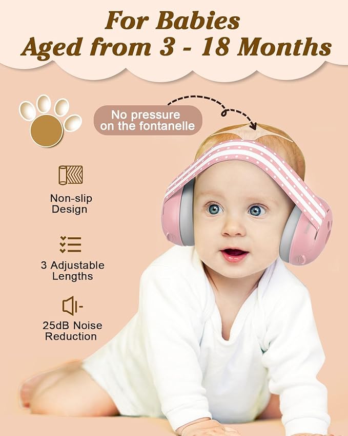 Lilian&Gema 2-in-1 Baby Ear Muffs Noise Protection up to 48 Months - Baby Airplane/Travel Essentials - Adjustable Noise Reduction Earmuffs - Ear Protection Headphones for Infant & Toddler, Pink