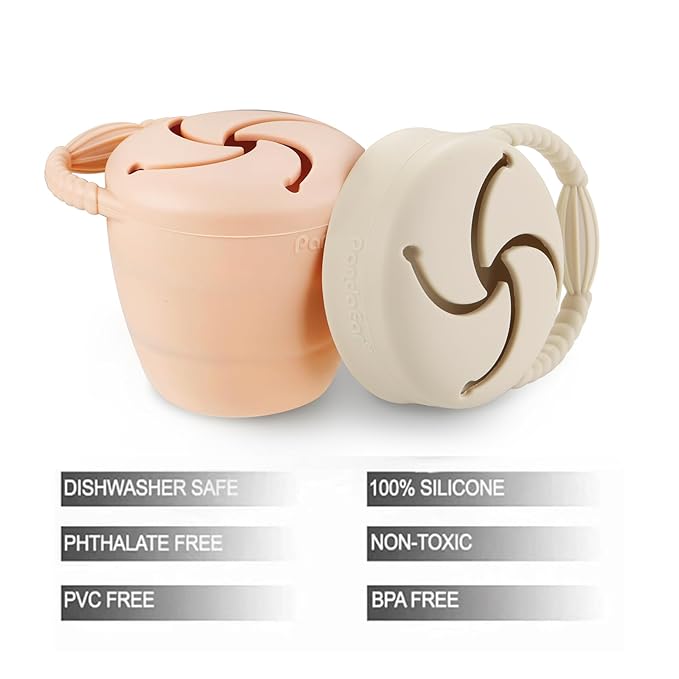 PandaEar Silicone Snack Containers, Collapsible Toddler Snack Cups Spill Proof Food Catcher for Toddler Baby, Pack of 2 (Pink & Linen)