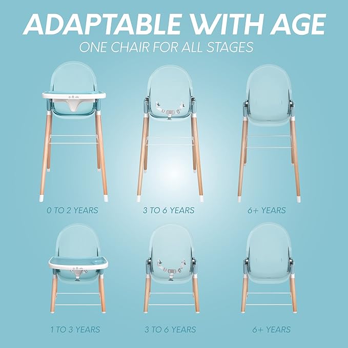 6 in 1 Deluxe Wooden High Chair for Babies & Toddlers, Modern Safe & Compact Baby Highchair, Easy to Clean & Assemble, Removable Tray, 6 Options 3 Seat Positions 2 Heights (Blue)