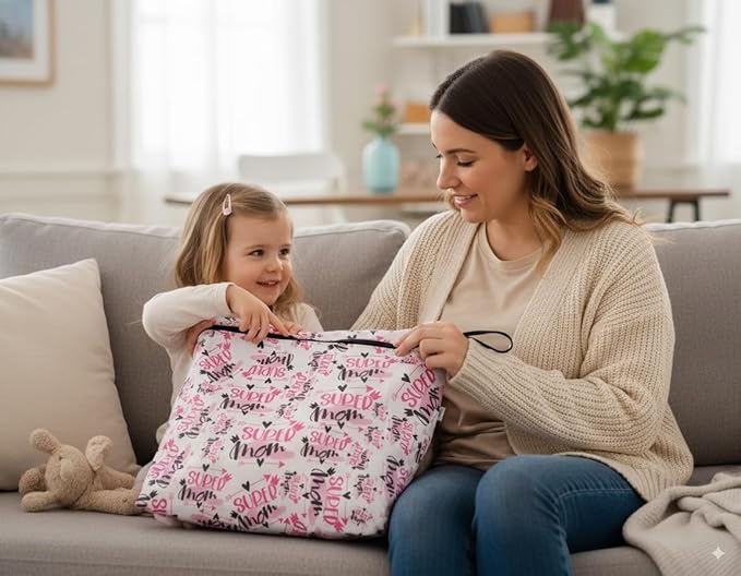 Extra Large Wet Bag, Reusable Waterproof Wet Dry Bag for Swimwear, Cloth Diapers & Travel, Leak-Resistant Fabric with Hanging Loop, 16.93 x 18.11 in (Super Mom)