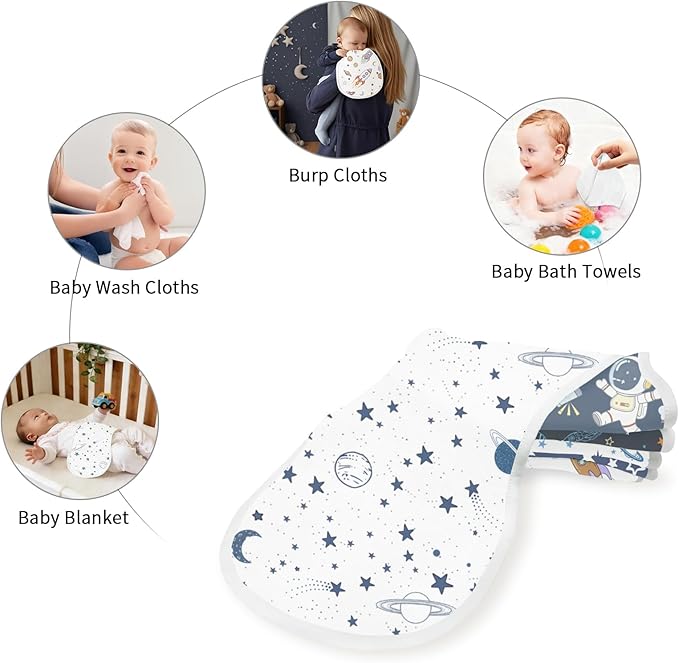 6 Pack Baby Burp Cloths for Boys Girls, Soft Cotton, Space Rocket Theme Design, Super Absorbent Baby Burping Cloths for Newborns, Machine Washable and Reusable Baby Spit-Up Cloths