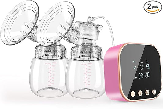 Lulia Double Electric Breast Pump, Breastfeeding Pump 4 Modes & 9 Levels, Low Noise, Anti-Backflow & LED Display, BPA Free, Portable Breast Pumps with 24mm Flange, Pink