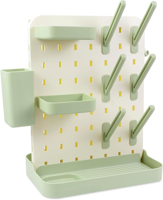 Baby Bottle Drying Rack Space Saving Countertop Vertical Rack with Brushes Holder (Green)