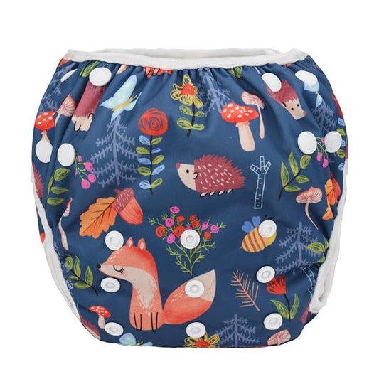 Baby Swim Diaper Nappy Pants Reusable Adjustable 0-3 Years Old Toddler Small Large (Large, Foxes Hedgehogs)