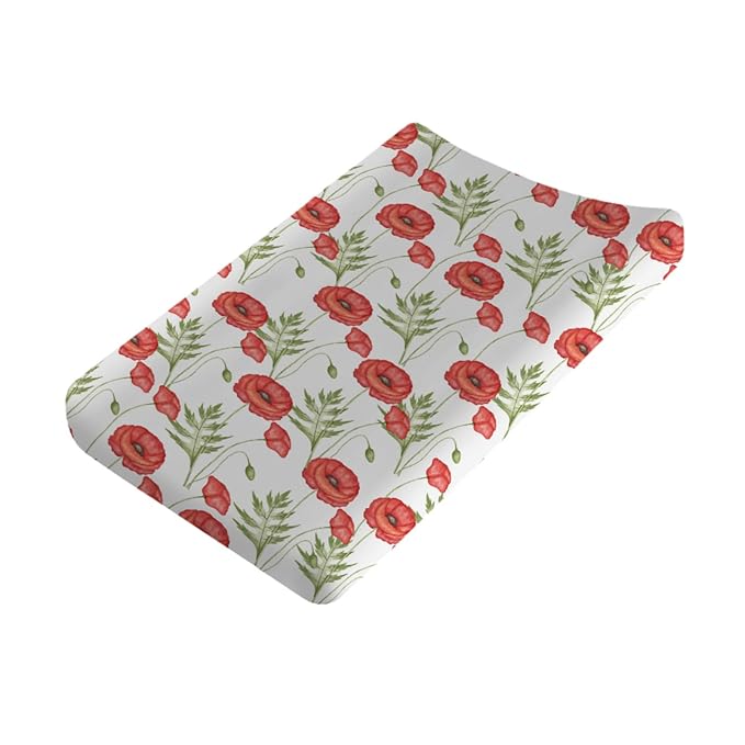 Boho Retro Poppy Flowers Leaves Baby Changing Pad Covers for Boy Girl 32''x16'' Red Poppy Floral Spring Blossom Fitted Diaper Change Table Sheet Wild Plants Soft Breathable Nursery Changing Table Mats