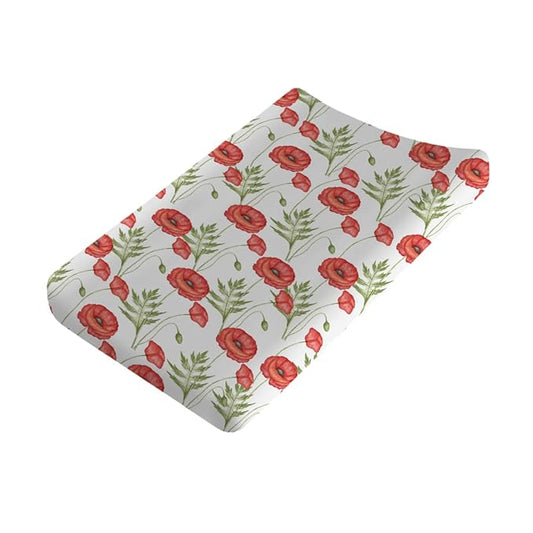 Boho Retro Poppy Flowers Leaves Baby Changing Pad Covers for Boy Girl 32''x16'' Red Poppy Floral Spring Blossom Fitted Diaper Change Table Sheet Wild Plants Soft Breathable Nursery Changing Table Mats