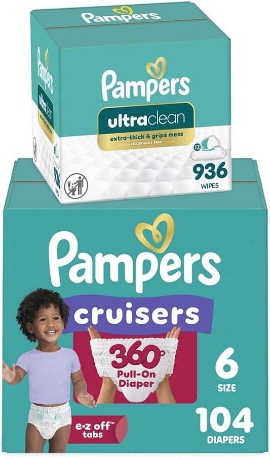 Pampers Pull On Cruisers 360° Fit Disposable Baby Diapers Size 6, 104 Count with Free & Gentle Baby Wipes 12 Flip-Top Packs (936 Wipes Total)