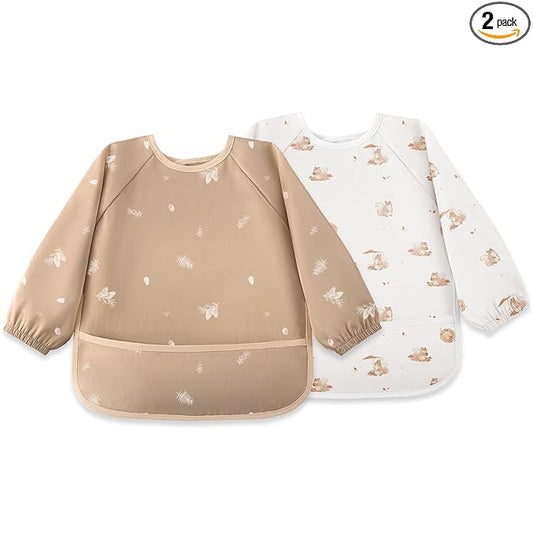 Susurration Waterproof Smock Bib for Eating Long Sleeve Bibs for Kids, Boy or Girl, 2 Pack Waterproof Bibs with Large Food Catcher, 6-36 Months Baby Eating Essentials - Pinecone