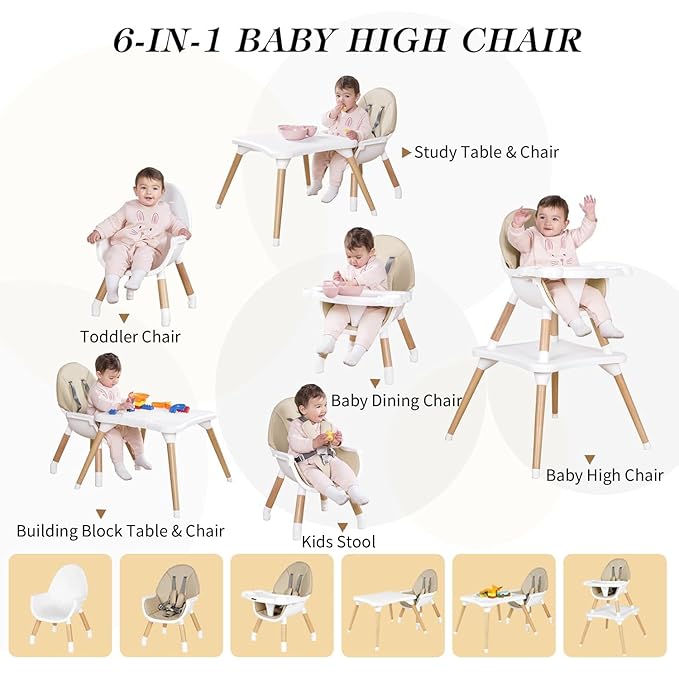 6 in 1 High Chair for Babies & Toddlers, Convertible Wooden Baby Highchair, Table and Chair Set, Baby Feeding Chair, 5-Point Adjustable Harness/4-Position Removable Tray& PU Seat Cushion(Beige)