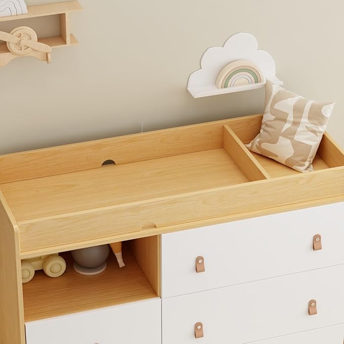 Baby Dresser with Changing Table Top, 4 Drawers Nursery Dresser with Removable Guard, Infant Diaper Changing Station Baby Cloth Organizer for Nursery and Kids Bedroom, Wood Color - 44.9" W