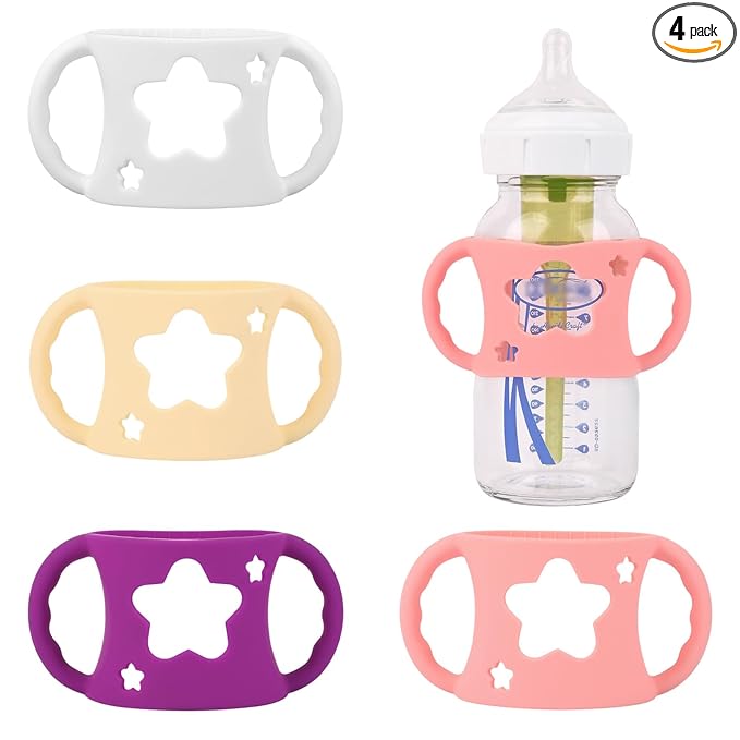 4 Pack Baby Bottle Handles, Silicone Bottle Handles for Dr Brown Wide-Neck Baby Bottles (White+Pink+Purple+Yellow)