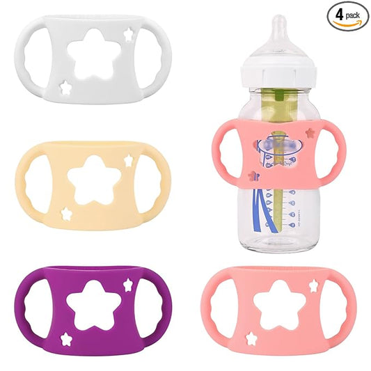 4 Pack Baby Bottle Handles, Silicone Bottle Handles for Dr Brown Wide-Neck Baby Bottles (White+Pink+Purple+Yellow)