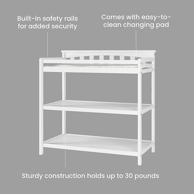 Child Craft Flat Top Infant Changing Table, Water-Resistant Pad and Safety Strap, Anti-Tip Kit Included to Prevent Tipping, Non-Toxic, Baby Safe Finish (Matte White)
