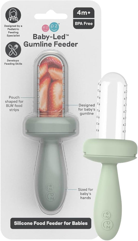 ezpz Baby-Led Gumline Feeder (Sage) - Silicone Fruit Feeder for Infants 4 Months + - Baby Feeding Essentials - BLW Tools - Works Best with Compatible Ice Tray (Sold Separately)