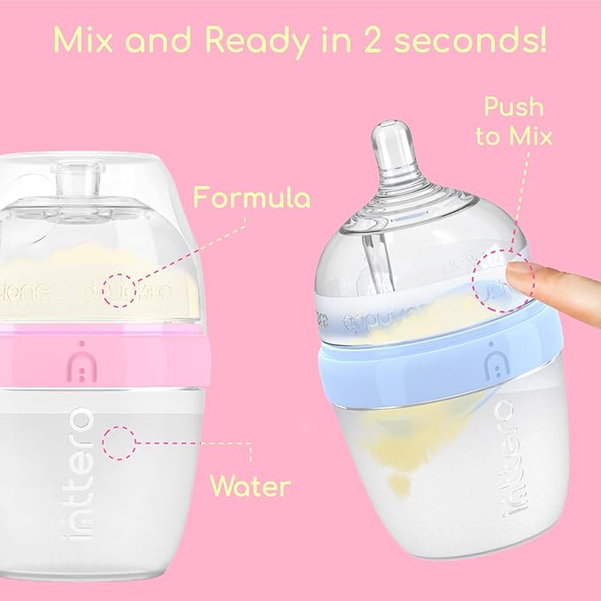 Baby Bottles with Built-in Formula Dispenser, Anti-Colic Wide Neck Design for Newborn Feeding and Everyday Baby Essentials, 9 Oz Medium Flow (2 Pack), Cute Pink