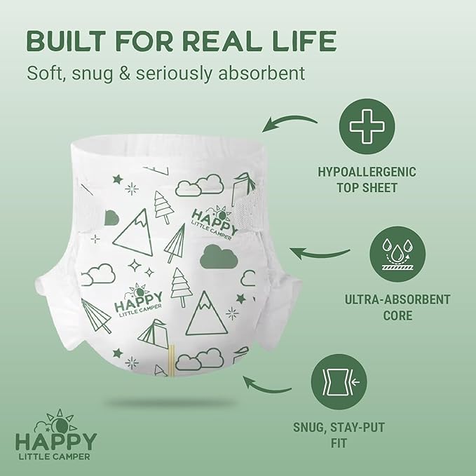Happy Little Camper Ultra-Absorbent Natural Baby Diapers Size 2 - Hypoallergenic & Chlorine-Free Disposable Diapers Safe for Sensitive Skin - Unscented Infant Diapers - 216 Count