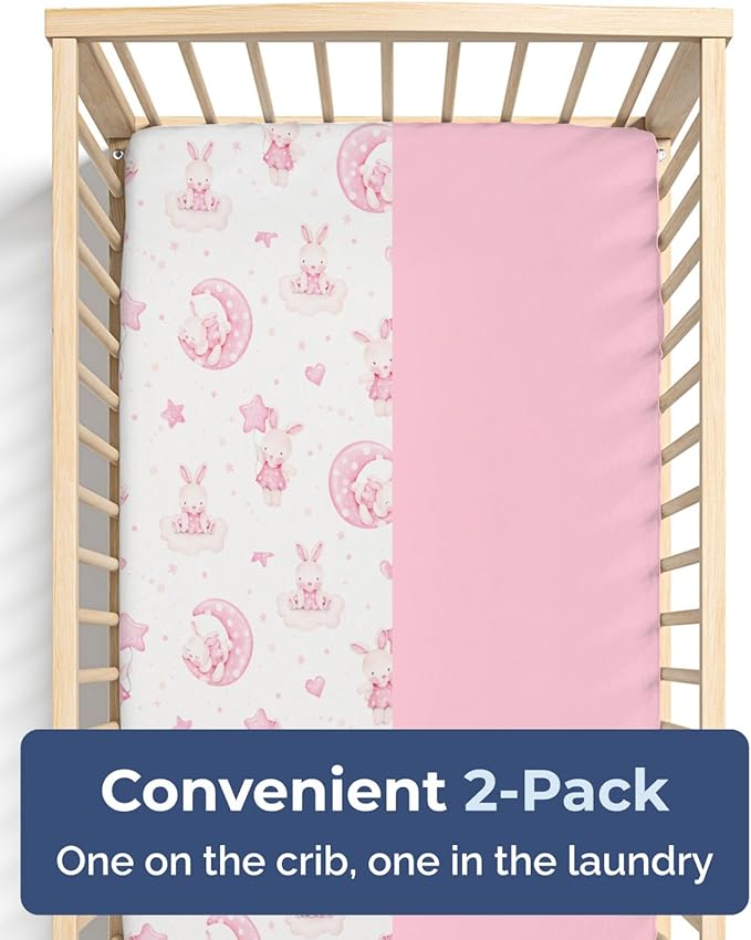 Baby Crib Sheets for Boys & Girls - Pack of 2 Fitted Microfiber Crib Sheets for Standard Crib & Toddler Mattress - Soft, Breathable & Wrinkle Free - Machine Washable, Oeko Tex, 52x28x8in - Bunny Dream