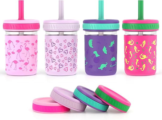 Sursip Toddler Glass Sippy Cups, Kids Baby 12 oz Spill-Proof Water Tumbler with Straw and Lids, Smoothie Snack Mason Jar For Travel School or At Home, 4 Packs BPA-Free