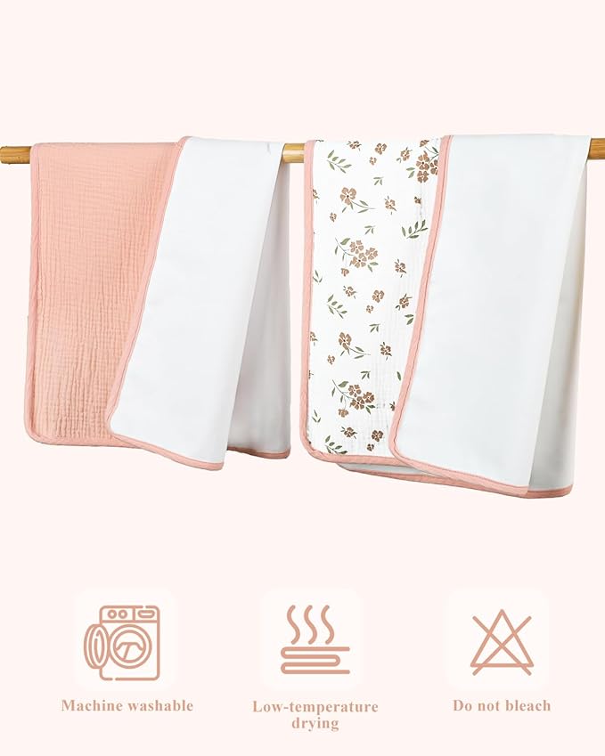 Waterproof Portable Changing Pad 2 Pack, Muslin Cotton Baby Changing Mat Comfortable & Breathable, Foldable Diaper Changing Pad for Travel, Machine Washable, Flower & Pink