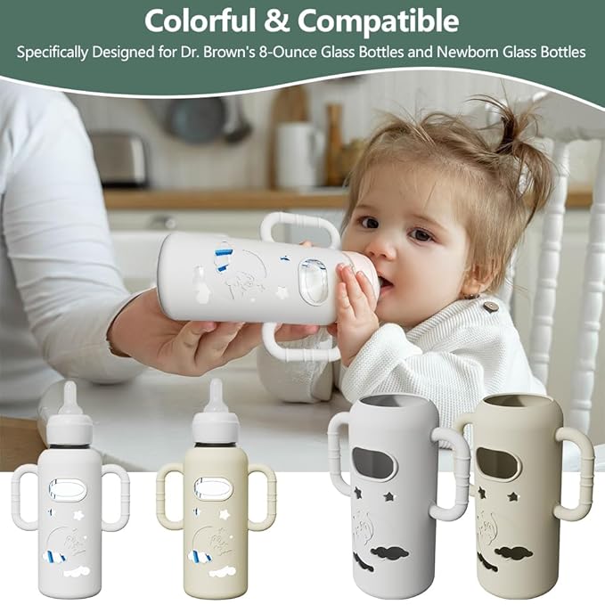 2 Pack Silicone Sleeves for Dr Brown's Glass Bottles, Drop Protection Bottle Sleeves with Handles, Anti Breakage Baby Bottle Protector Compatible with Dr. Brown's Newborn Glass Bottles,8 oz
