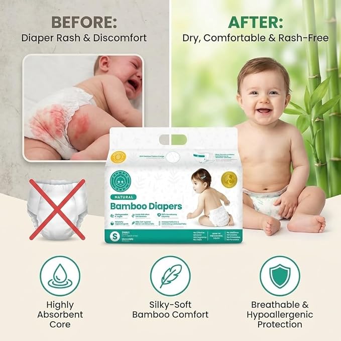 Little Toes Patented Natural Disposable Viscose Diapers ǀ Day and Overnight Diapers ǀ Sustainable | Size 1 Small | 36 Pack