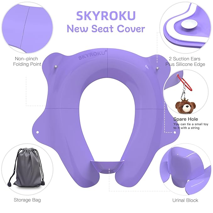 Foldable Travel Potty Seat for Toddler, Portable Toilet Training Seat for Kids on The Go, Fits Round & Oval Toilets with Non-Slip Base & Travel Bag for Car Airplane Essentials, Purple