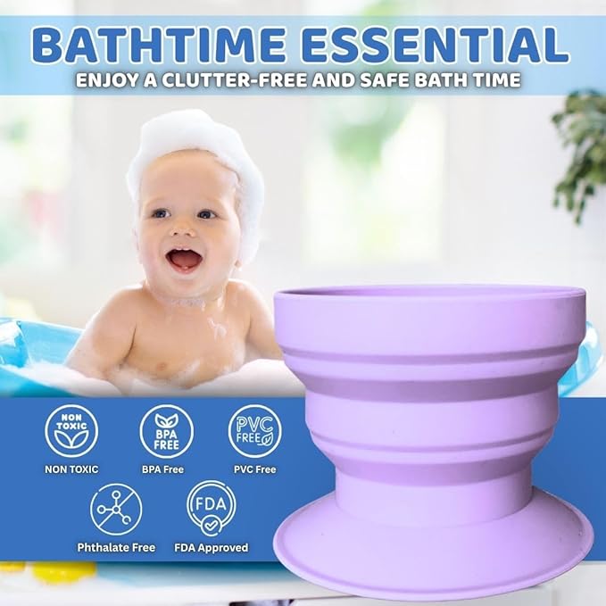 TubbyCup Toddler Bath Rinse Cup – Easy Hair Rinsing Without Tears, Suction Base Sticks to Tub, Soft Collapsible Silicone, BPA-Free (Purple)