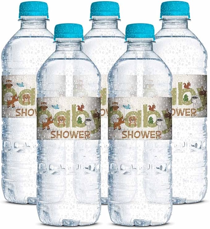 Woodland Baby Shower with Owl, Bear, Deer, Moose, Squirrel and other Forest Animals Waterproof Water Bottle Sticker Wrappers 20 Wrap Around Labels Sized 1.75" x 8.5" by AmandaCreation