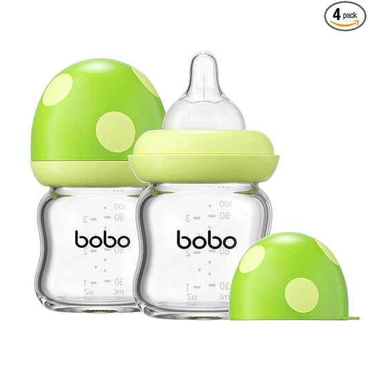 YOHKOH Natural Glass Baby Bottle with Level 1 Slow Flow Nipple, Newborn Anti-Colic Baby Bottles, Wide Neck Mushroom Baby Glass Bottle (Green, 3.4oz (Pack of 2))