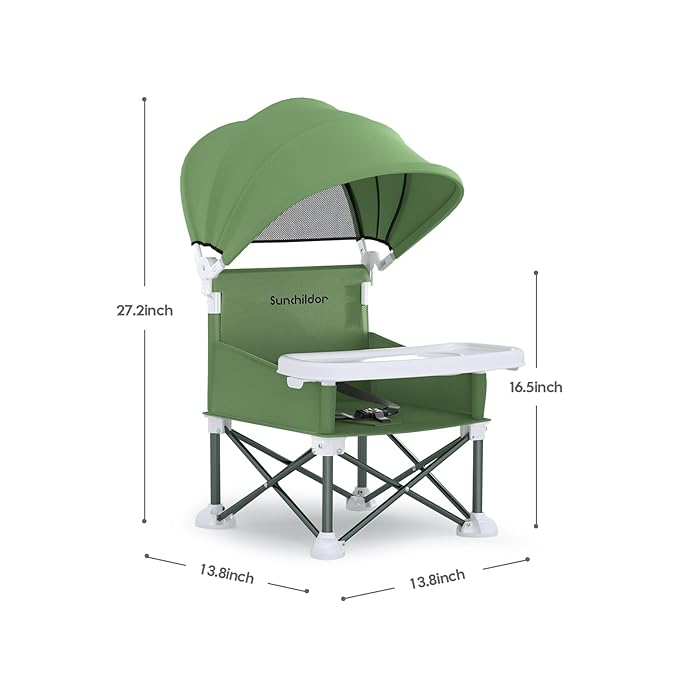 Portable Baby Booster Seat with Removable Tray & Canopy - 3 Point Safety Harness, Compact Fold for Travel, Indoor Outdoor Use for Infants & Toddlers, Green