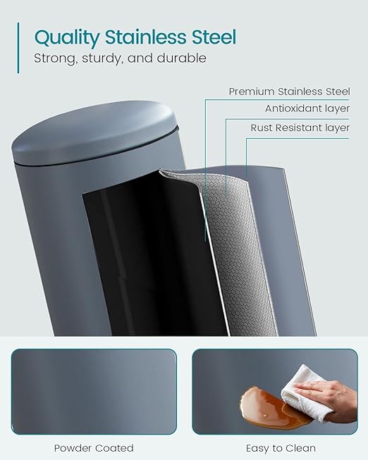8 Gallon Trash Can, Stainless Steel Garbage Can with Soft Close Lid, Removal Liner, Pedal Trash Can Round Tall Trash bin for Kitchen, Office, Living Room or Bathroom, Grey