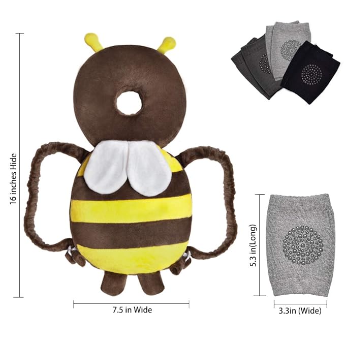 Okydoky Baby Head Protector One Backpack, Adjustable Toddlers Head Safety Pad Backpack, Baby Back Protection for Crawling & Walking, Bee